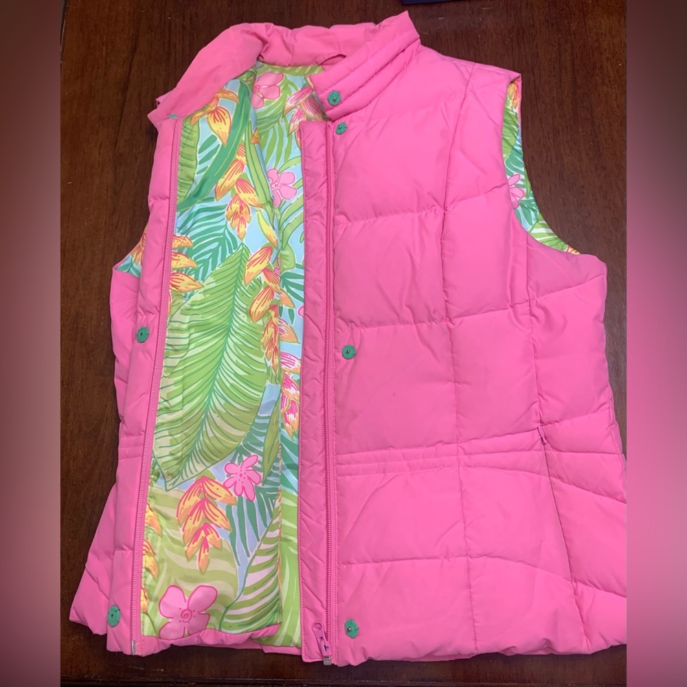 Lilly Pulitzer puffer vest, pink with iconic print lining